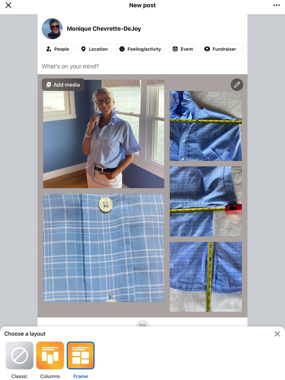 Upcycled Mens Cotton Shirt. RuffleCollar. WindowPane Blue/white. L -XL. Modified